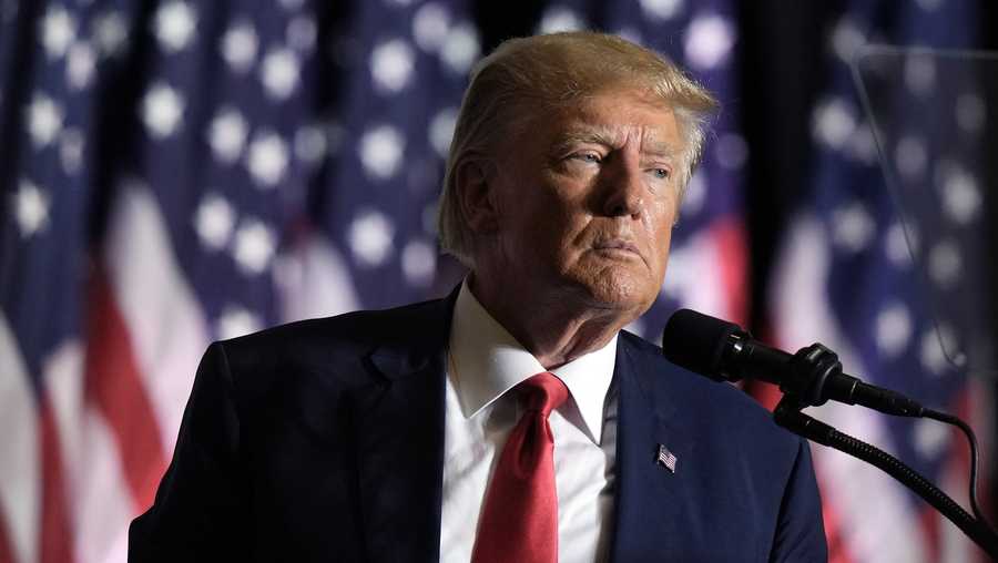 FILE - Former President Donald Trump speaks during a rally, July 7, 2023, in Council Bluffs, Iowa. (AP Photo/Charlie Riedel, File)