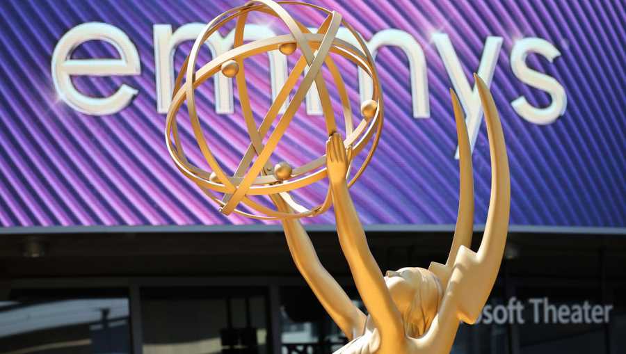 LOS ANGELES, CA - September 12, 2022 - A replica of an Emmy statuette sits on display at the 74th Primetime Emmy Awards at the Microsoft Theater on Monday, September 12, 2022 (Robert Gauthier/ Los Angeles Times via Getty Images)