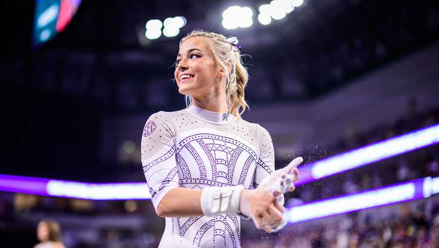 FORTH WORTH, TEXAS - April 20: Olivia Dunne of the LSU Tigers warms up at the Dickies Arenas for the NCAA Championship on April 20, 2024 in Fort Worth, Texas. (Photo by Chris Parent/LSU/University Images via Getty Images)