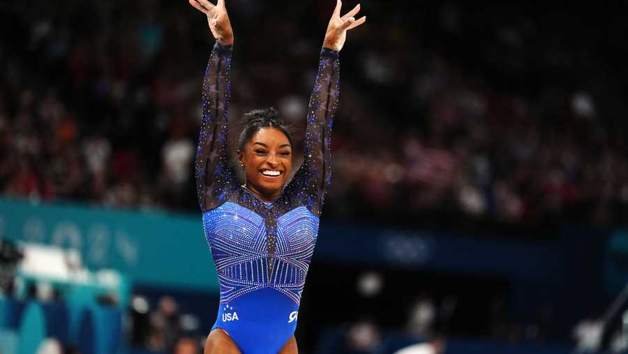 USA's Simone Biles following her performance on the Balance Beam during the Women's All-Around Final at the Bercy Arena on the sixth day of the 2024 Paris Olympic Games in France. Picture date: Thursday August 1, 2024. (Photo by Mike Egerton/PA Images via Getty Images)