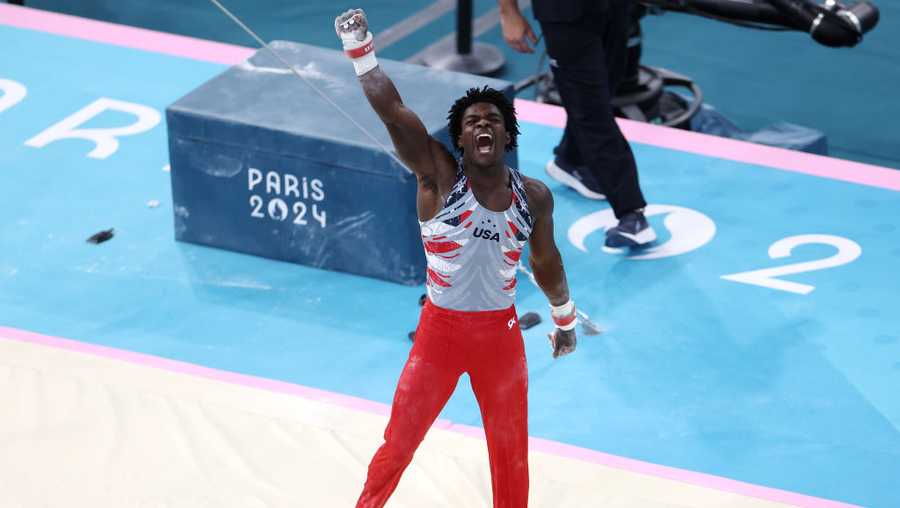 PARIS, FRANCE - JULY 29: Frederick Richard of Team United States reacts after finishing his routine in the floor exercise during the Artistic Gymnastics Men&apos;s Team Final on day three of the Olympic Games Paris 2024 at Bercy Arena on July 29, 2024 in Paris, France. (Photo by Hannah Peters/Getty Images)