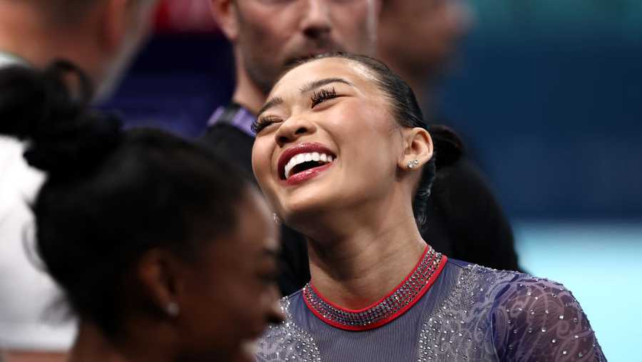 PARIS, FRANCE - AUGUST 01: Sunisa Lee of Team United States reacts during the Artistic Gymnastics Women&apos;s All-Around Final on day six of the Olympic Games Paris 2024 at Bercy Arena on August 01, 2024 in Paris, France. (Photo by Naomi Baker/Getty Images)