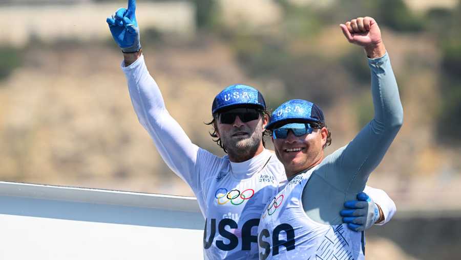 MARSEILLE, FRANCE - AUGUST 02: Ian Barrows and Hans Henken of Team United States celebrate bronze in the Men&apos;s Skiff 49erFX class medal race on day seven of the Olympic Games Paris 2024 at Marseille Marina on August 02, 2024 in Marseille, France. (Photo by Clive Mason/Getty Images)