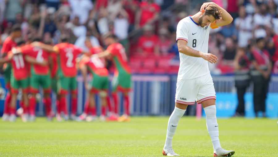 PARIS, FRANCE - AUGUST 02: Tanner Tessmann #8 of the United States reacts after Morocco scored a goal during the first half of the Men&apos;s Quarter Final match during the Olympic Games Paris 2024 at Parc des Princes on August 02, 2024 in Paris, France. (Photo by John Todd/ISI/Getty Images)