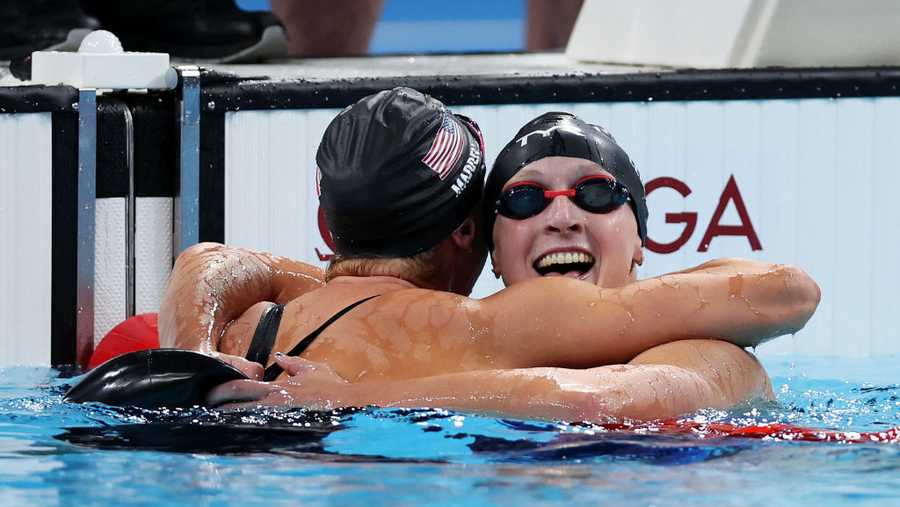 Katie Ledecky and Paige Madden of Team United States celebrate after winning gold and bronze in the Women's 800m Freestyle Final on day eight of the Olympic Games Paris 2024 at Paris La Defense Arena on August 03, 2024 in Nanterre, France. (Photo by Quinn Rooney/Getty Images)