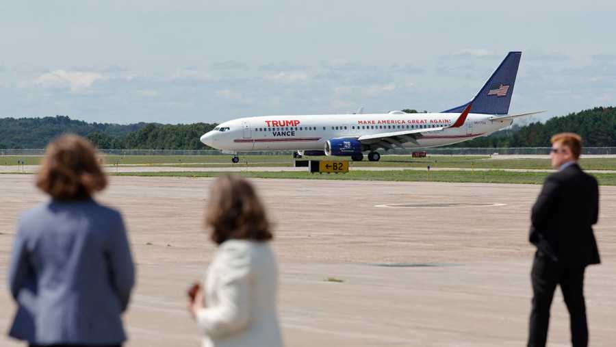 A Trump-Vance campaign plane, with US Senator and 2024 Republican vice presidential candidate J.D. Vance on board, lands at Chippewa Valley Regional Airport in Eau Claire, Wisconsin, August 7, 2024. Vance is holding a campaign rally in Eau Claire on the same day as a rally for US Vice President and 2024 Democratic presidential candidate Kamala Harris and her running mate Minnesota Governor Tim Walz. (Photo by KAMIL KRZACZYNSKI / AFP) (Photo by KAMIL KRZACZYNSKI/AFP via Getty Images)