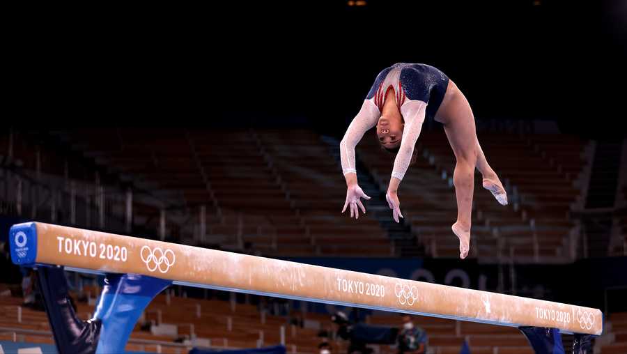 Sunisa Lee of Team United States competes on balance beam during the Women's All-Around Final on day six of the Tokyo 2020 Olympic Games at Ariake Gymnastics Centre on July 29, 2021 in Tokyo, Japan.