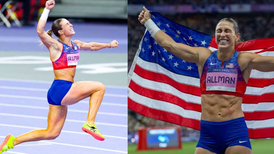 Gold medalist Valarie Allman of Team United States celebrates after winning Women's Discus Throw Final on day ten of the Olympic Games Paris